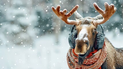 A moose wearing earmuffs and a scarf on a snowy white background