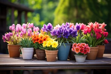 A vibrant assortment of colorful blooming flowers arranged neatly in pots on a wooden garden bench, with fresh green leaves visible in the background