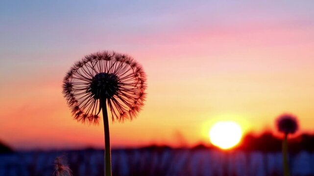 close up of dried dandelion flowers with sunset background, 4K short video