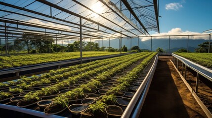 A wide-angle view of a greenhouse filled with coffee bean seedlings at different growth stages, with overhead irrigation systems