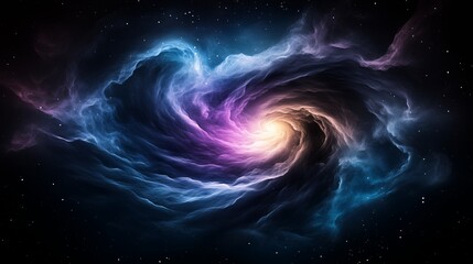A colorful swirl of space clouds with a bright yellow spot in the middle. The image is of a galaxy with a spiral shape