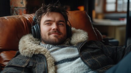 Fototapeta premium A young man lounges comfortably on a leather couch, wearing headphones and a sweater, immersed in music. The warm atmosphere of the room is accentuated by soft lighting and a rustic decor, creating a 