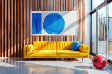 Minimalist interior design of modern living room with colorful multicolored sofa against concrete wall.