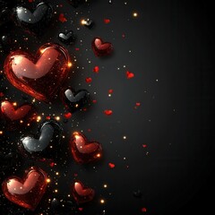 A vibrant display of red and black hearts floats against a dark backdrop, scattered with shimmering sparkles. This arrangement evokes feelings of love and celebration, perfect for romantic occasions o