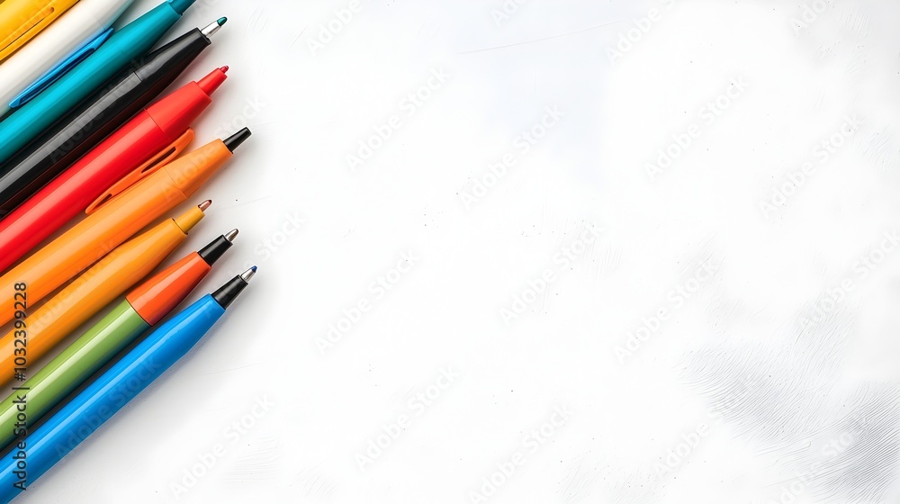 Aufkleber composition of a collection of diverse and vibrant colored pens placed diagonally on a clean white d