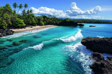 Pixel art view of Baliâ€™s beaches, with animated waves and palm trees swaying