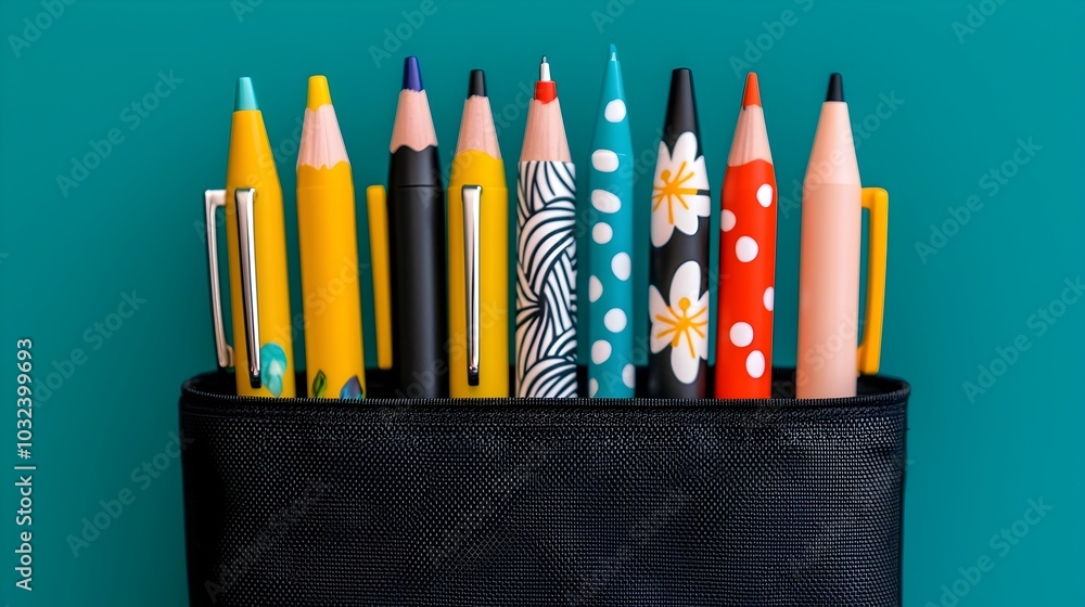 Aufkleber a set of pens with different vibrant designs and colors arranged neatly and symmetrically in a penci