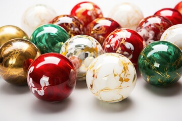 An array of glossy Christmas marbles, with intricate designs and patterns, placed on a pristine white surface.