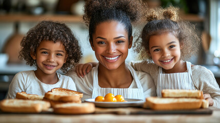 A joyful mother shares a delightful breakfast experience with her two children in a charming, well-lit kitchen
