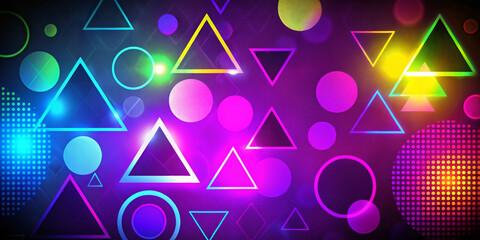 Vibrant geometric shapes, including triangles, circles and dots, appear in a vibrant range of colors against a dark background. The design features a mix of neon hues and gradients. AI generated.