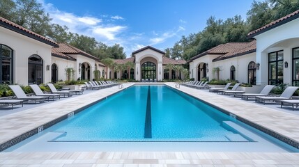 A large pool with a white tiled deck and a white roof. The pool is surrounded by lounge chairs and a few trees