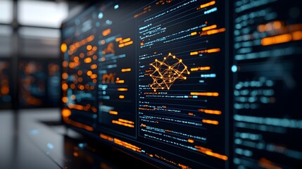 Visualization of a complex protein folding simulation on a large scale holographic screen with glowing strands and molecules shifting and interacting in real time