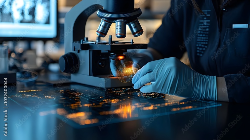 Poster Close up of a lab technician s gloved hands carefully inserting a glass slide into a state of the art digital microscope