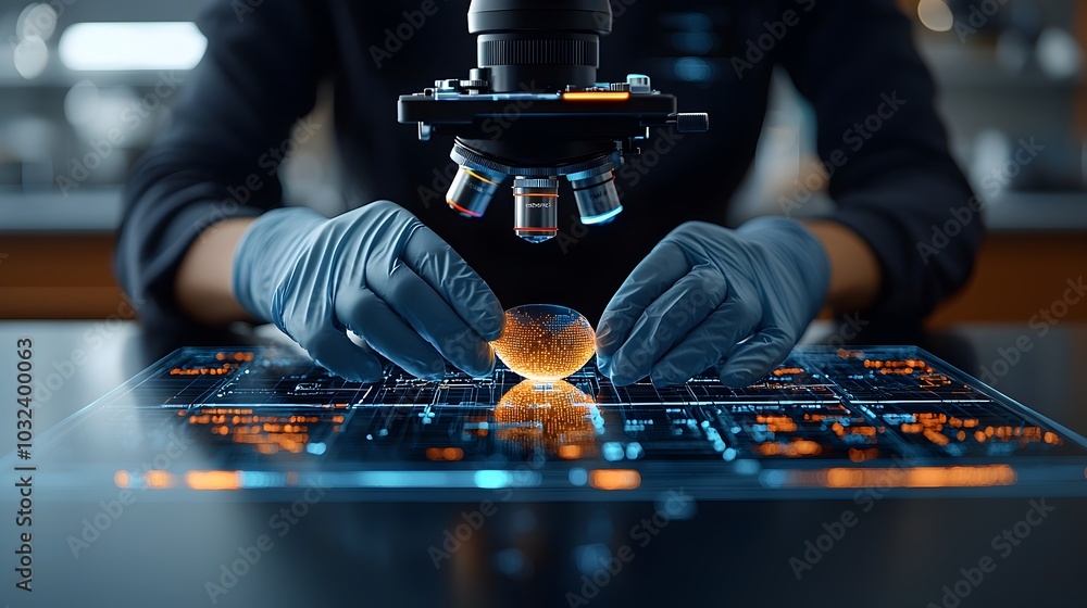 Poster Close up view of a lab technician s gloved hands carefully inserting a glass slide under a digital microscope with glowing holographic data displayed on the device s interface
