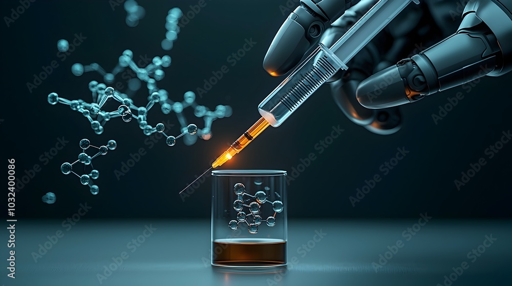 Aufkleber a futuristic robotic arm holding a syringe injecting a glowing liquid into a test tube with intricat