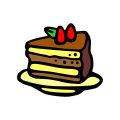 A colorful hand-drawn illustration of a layered chocolate cake slice with cream filling and berry topping, perfect for dessert-themed designs