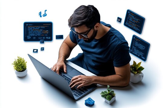Programmer avatar sitting at a laptop, surrounded by floating code snippets