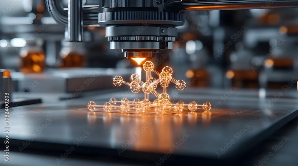 Aufkleber molecular structure of a drug being constructed in a 3d printer with laser beams scanning the area a