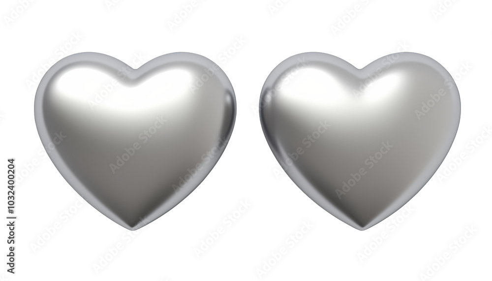 Wall mural two silver heart 3d render icon isolated on transparent background cutout
