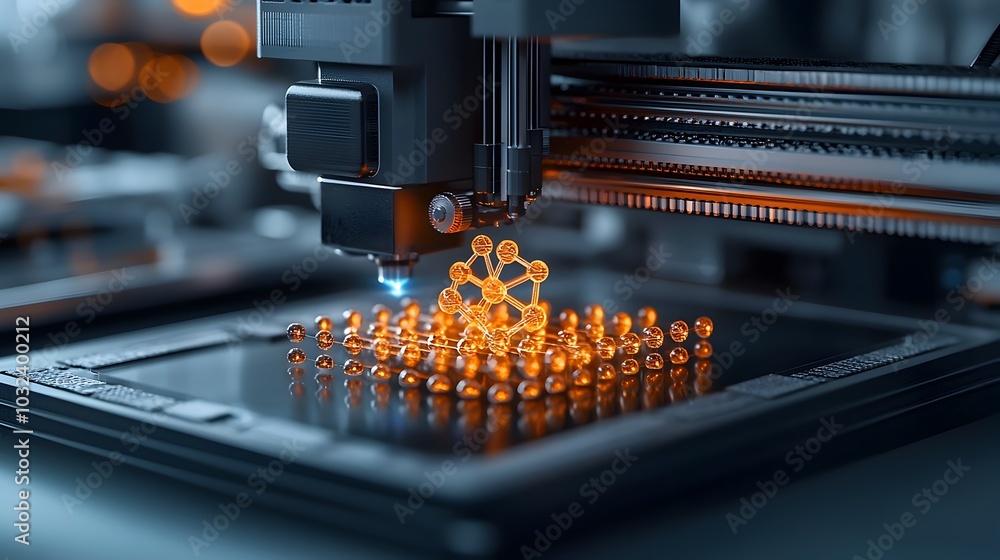 Poster Advanced 3D Printing Technology Creating Molecular Structure with Laser Beam Scanning and Glowing Drug Model Taking Shape in a Futuristic Laboratory Setting
