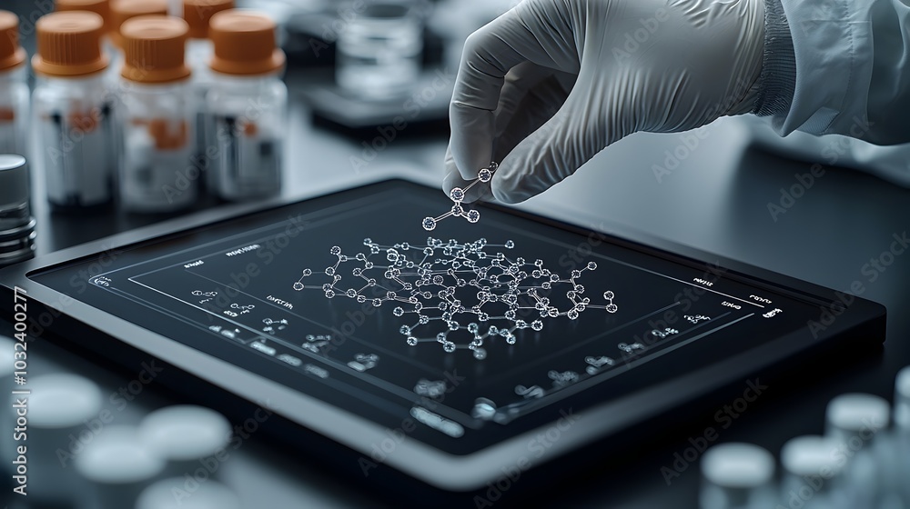 Poster scientist manipulating a detailed 3d model of a new drug molecule on a digital touchscreen display i