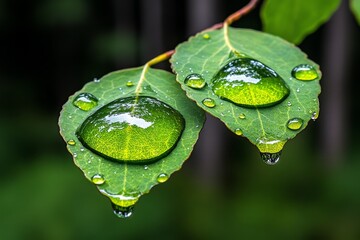 Raindrops sliding down a birch leaf, reflecting the surrounding forest