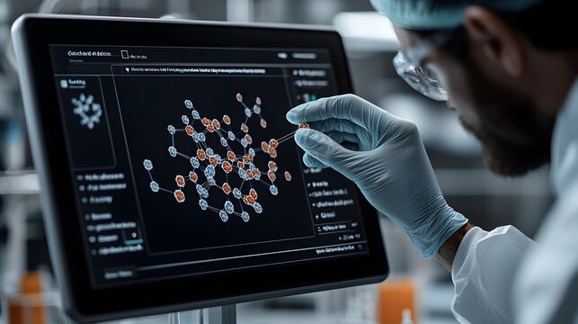 Digital touchscreen display showcasing a detailed 3D model of a new drug molecule being manipulated by a scientist in a sterile laboratory setting