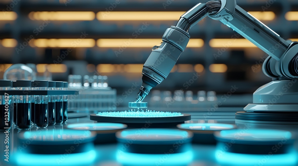 Poster a scene depicting a high tech futuristic laboratory where advanced ai driven robots are systematical