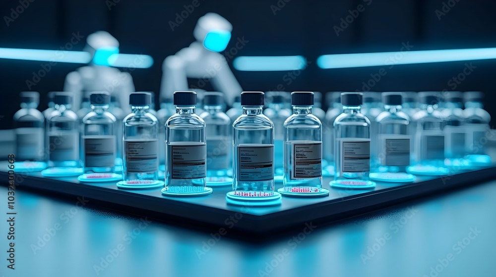 Aufkleber A high tech futuristic laboratory scene where advanced AI powered robotic systems are conducting drug screening tests on illuminated petri dishes