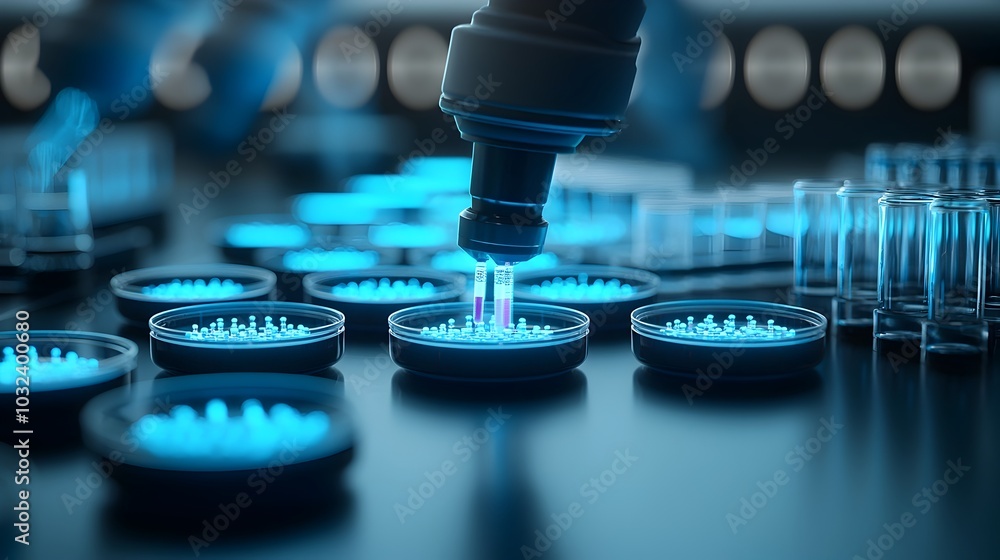 Poster futuristic scene of ai powered robotic drug screening and analysis in a state of the art biomedical 