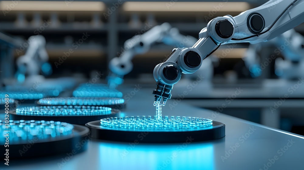 Aufkleber a futuristic laboratory scene where advanced ai powered robots are performing drug screening tests o