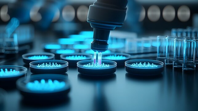Futuristic scene of AI powered robotic drug screening and analysis in a state of the art biomedical research laboratory illuminated by neon blue lights  The image depicts a highly automated advanced