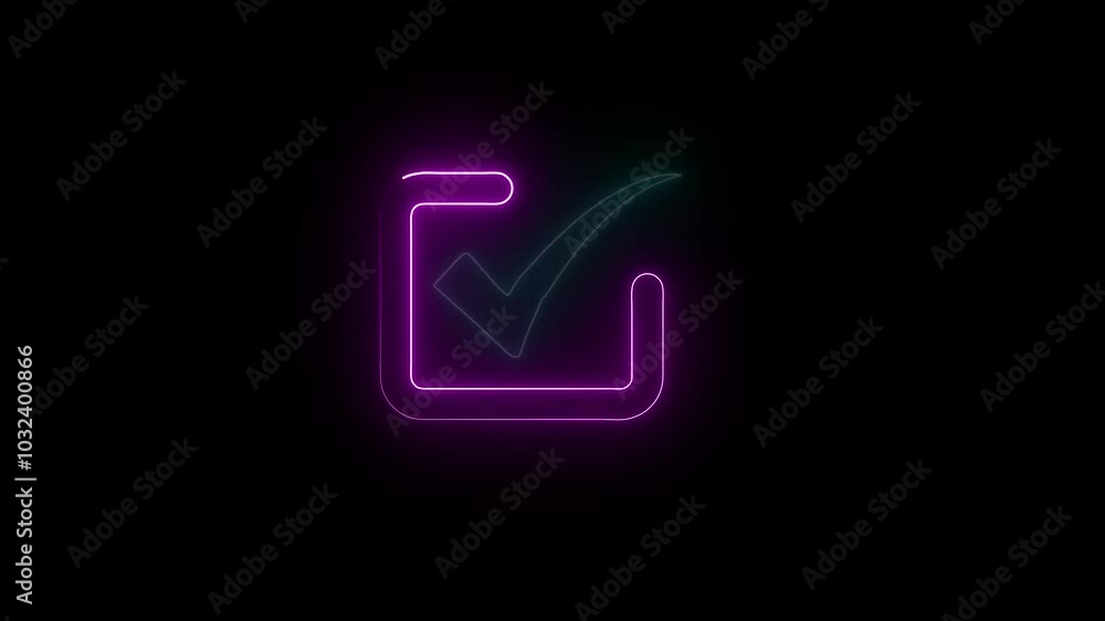Poster neon tick mark icon animation glowing neon check mark and tick animated sign symbol on black backgro