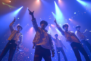 The stage of the K-pop boy band concert has beautiful lighting.
