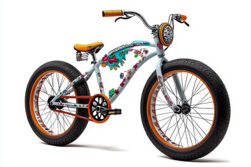 Fototapeta premium Retro-style bike with balloon tires, drawn with whimsical colors and floral patterns