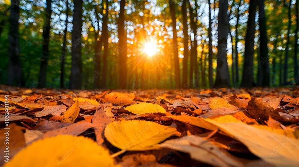 Poster Sunlight filtering through the canopy of a serene verdant forest casting soft dappled shadows on the ground covered in a carpet of fallen autumn leaves  A tranquil natural scene with a warm