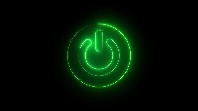 Glowing neon line Power button icon isolated on black background. Neon glowing power button icon animation on isolated black background, power off and on button, alpha channel.
