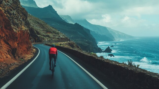 A traveler riding a bicycle along a scenic coastal road. Cycling adventure