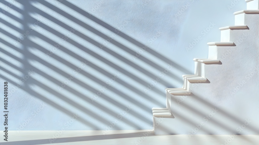 Leinwandbilder Geometric patterns of shadows cast across a bright white wall from sunlight passing through the slats of window blinds creating an abstract minimalist and modern design
