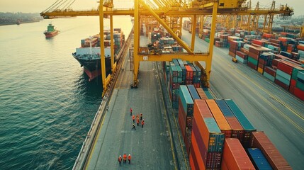 Engineers are overseeing the transportation of cargo with containers, Container in export and import business and logistics