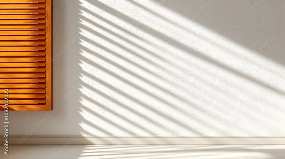 Poster striking geometric pattern of shadows cast on a clean white wall created by sunlight passing through
