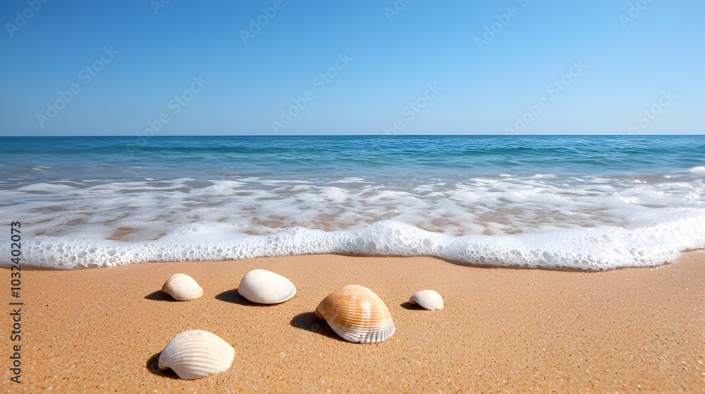 Aufkleber serene coastal scene with calm ocean waves gently lapping at the sandy shore where scattered seashel