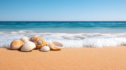 Obraz premium Tranquil Beach Scene with Gentle Waves Washing Up on the Sandy Shore Scattered Seashells Dotting the Coastline in a Peaceful Serene Landscape