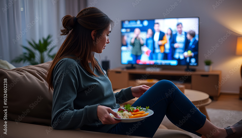 Wall mural young woman quickly enters living room and plops down on sofa in front of blurred tv show with plate