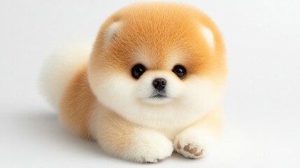 Obraz premium Adorable fluffy Pomeranian puppy with big brown eyes looking at the camera.