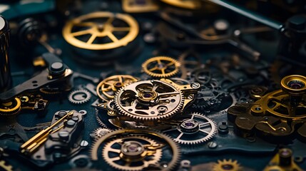 Intricate dismantled mechanical watch with detailed gears and springs on dark background, symbolizing precision and complexity in teardown analysis.