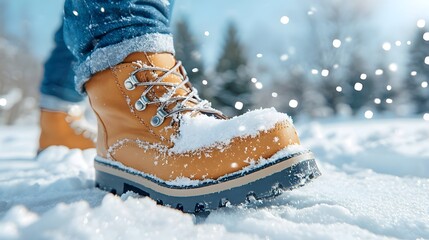 A person wearing thick warm wool mittens and sturdy snow boots trekking through a tranquil snowy landscape exploring the wintry outdoors during a cold weather adventure