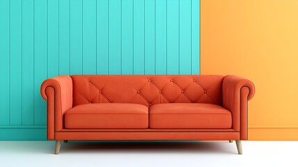 Fototapeta premium Minimalist and Serene Scandinavian Inspired Living Room with Terra Cotta Sofa Bold Orange and Turquoise Paneled Accent Wall and High Contrast Lighting for a Tranquil Atmosphere