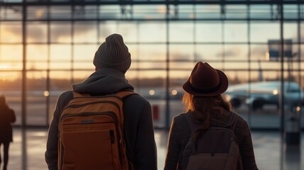 Couple walking through an airport during sunset, preparing for their next adventure with backpacks and look of excitement