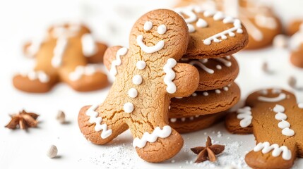 Gingerbread Man Cookies Stacked on White Background
